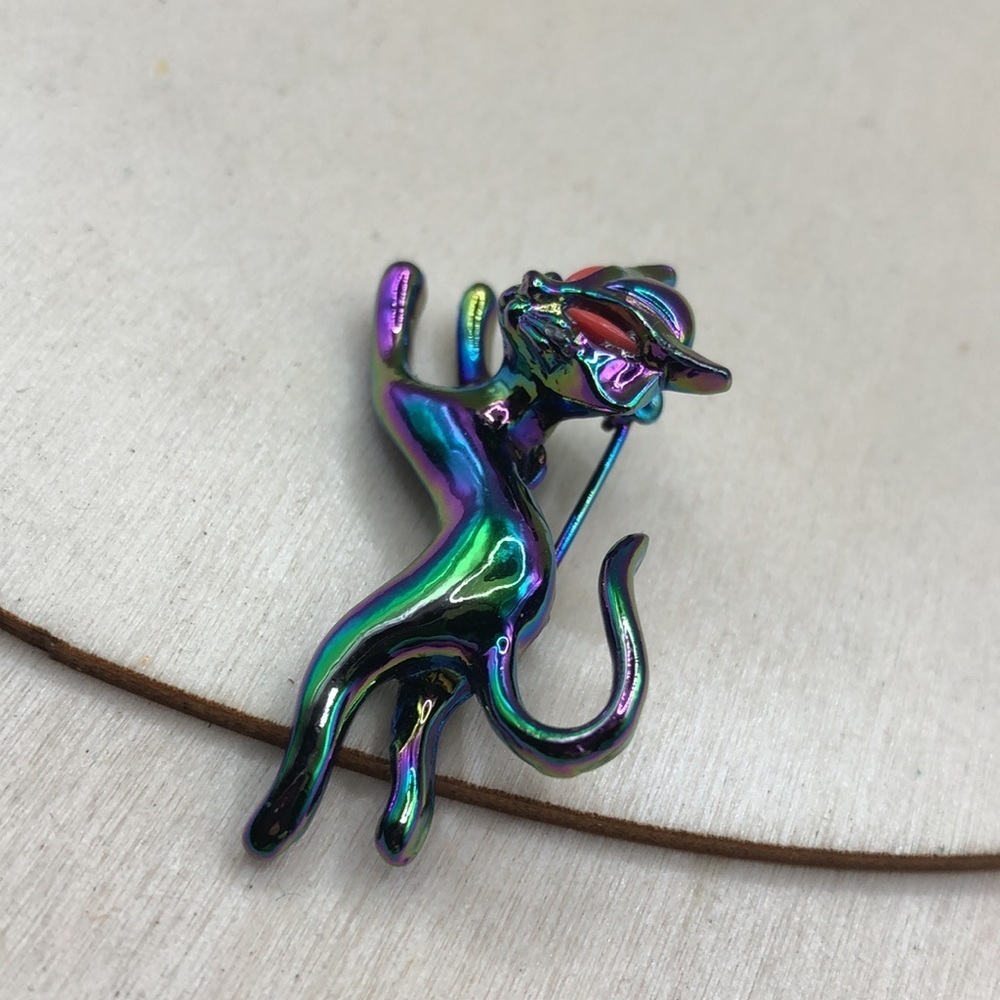 Vintage Oil Spill Gloss Enamel Siamese Cat Brooch - Picture 3 of 5